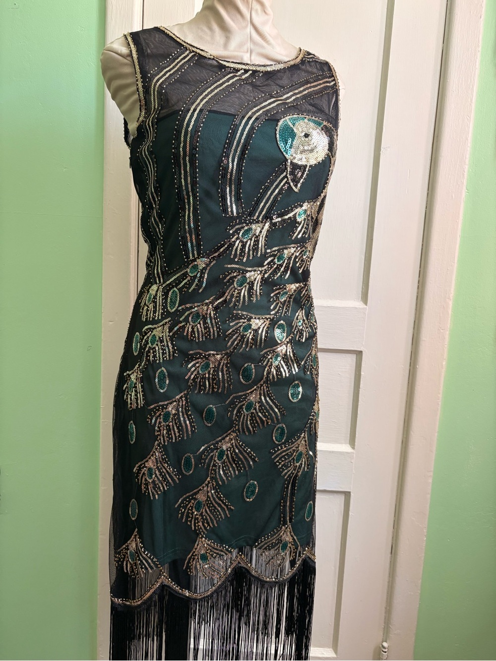 Embellished Peacock Emerald & Black Flapper Dress with Fringe